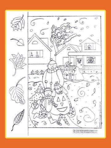 Blank trick or treat coloring page on orange background