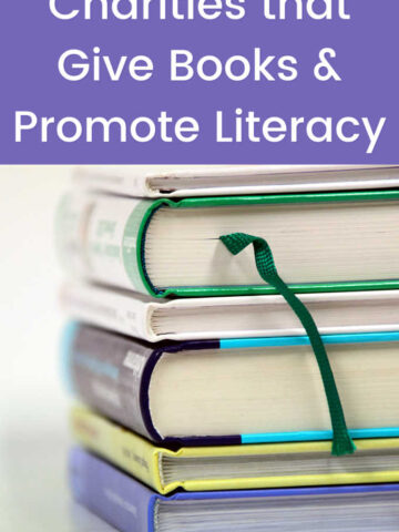 Stack of books under text, "Charities that give books and promote children's literacy"
