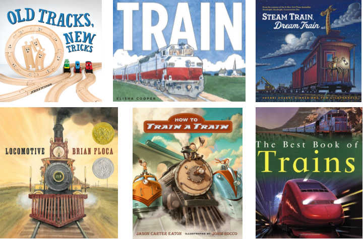 Collage of 6 children's train book covers