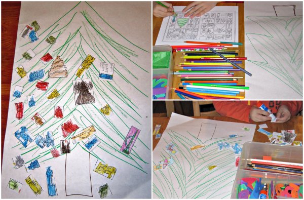 Collage of photographs showing how coloring page craft progress, including drawing of a tree with cut outs of the toys being glued to the paper.