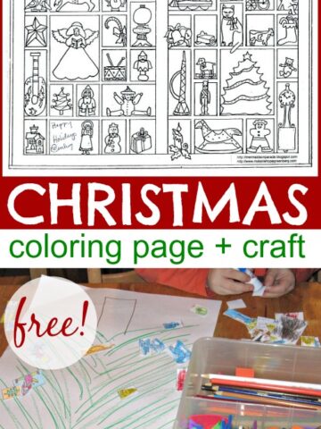 Christmas coloring page with ornaments, toys and Christmas tree. Free printable. and craft extension.