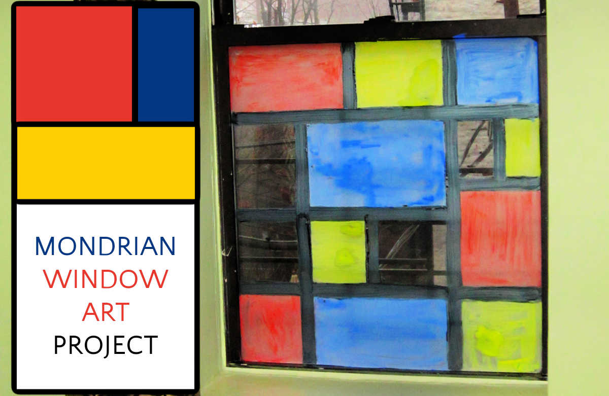Window painted in style of Mondrian art, with text box, Mondrian Window Art Project.
