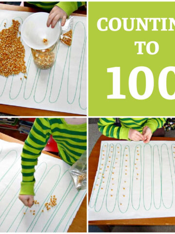Collage of child engaged in counting out 100 popcorn kernels on paper.