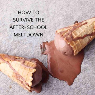 Two melted chocolate ice cream cones with text overlay, How to Survive the After-School Meltdown.