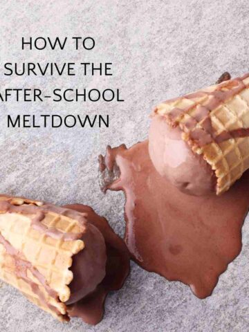 Two melted chocolate ice cream cones with text overlay, How to Survive the After-School Meltdown.