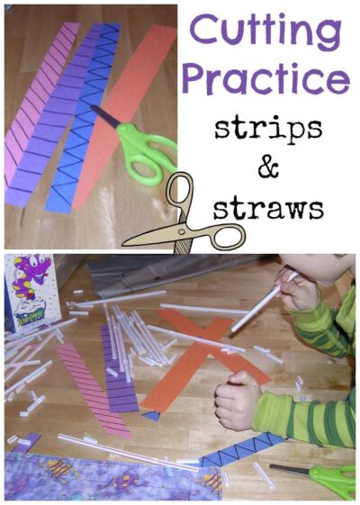 Kids practice cutting skills using strips of paper and straws