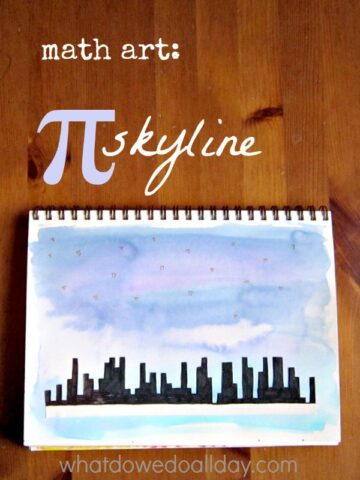Math art projects for kids -- a pi city skyline. Pi stars in the sky.