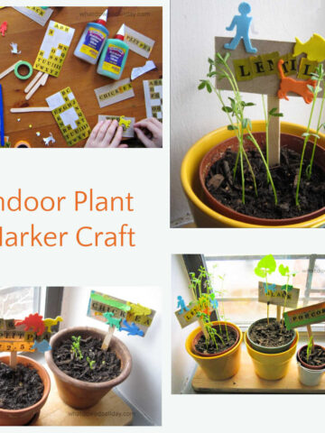 Collage of kid-made plant markers for indoor pots