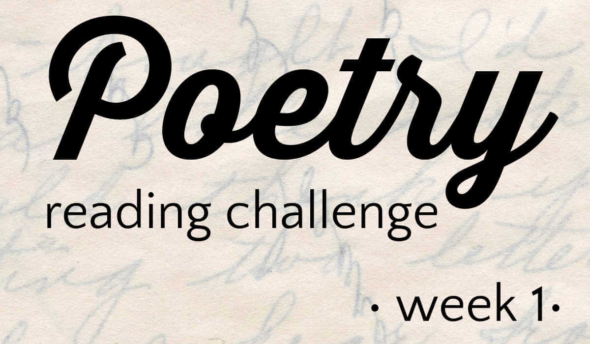 Text overlay Poetry Reading Challenge week one on background of faint cursive writing.
