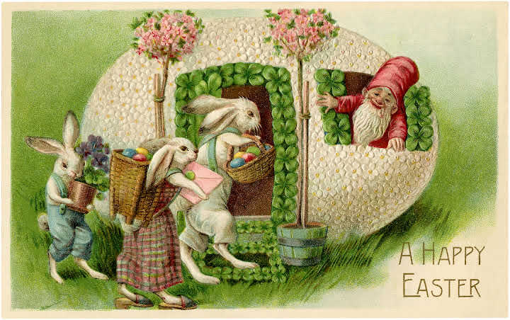 Easter bunnies walking into an Easter Egg house with a gnome looking out the window.