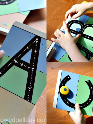 Collage of A B C letter cards held by child's hands.