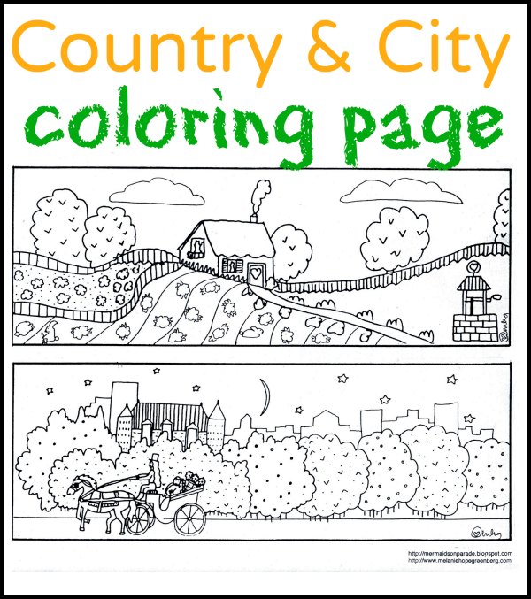 Free printable city and country coloring page.