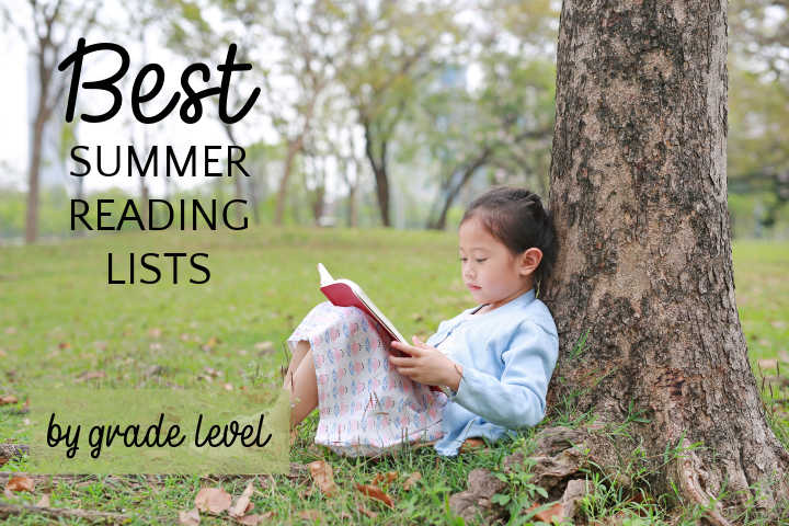Girl reading outside by tree with text best summer reading lists by grade level