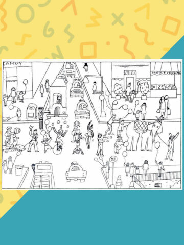Circus coloring page on yellow and blue background.