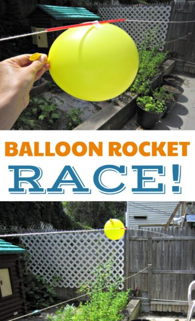Balloon rocket race experiment for kids. Indoor or outdoor science activity!