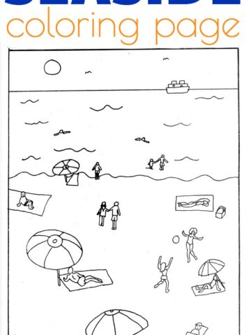 Beach coloring page, free printable by a published illustrator.
