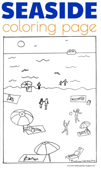 Beach coloring page, free printable by a published illustrator.