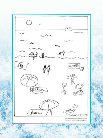 Beach themed coloring page with illustration of people and umbrellas at the seaside.