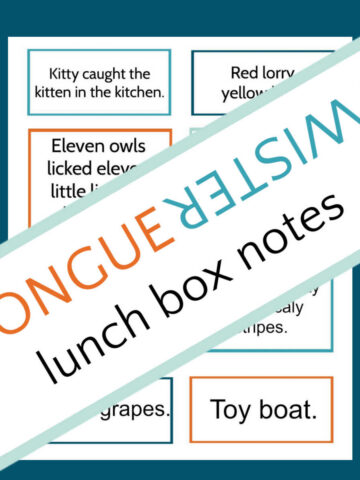 Text overlay covering image of printable tongue twister lunch box notes.