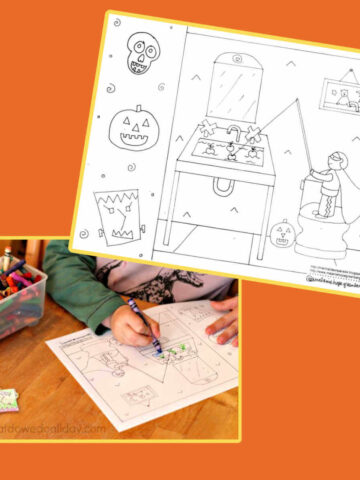 Halloween coloring page and photo of child coloring in the illustration with crayons