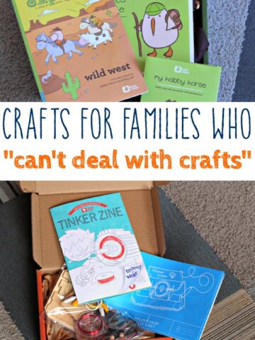 Two photos showing booklets and items for subscription box crafts.