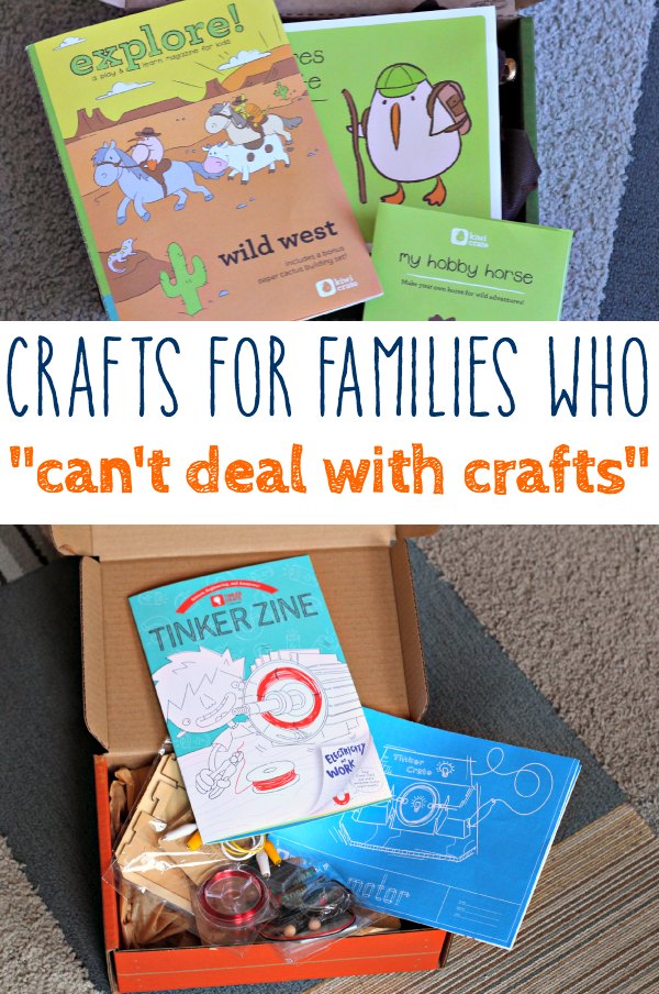 Two photos showing booklets and items for subscription box crafts.