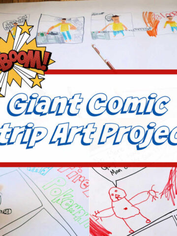 Collage of photos of giant comic strip art in progress.