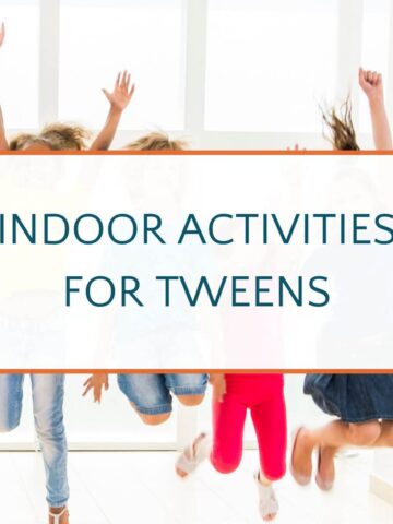 Group of kids jumping indoors with text overlay, Indoor Activities for Tweens.