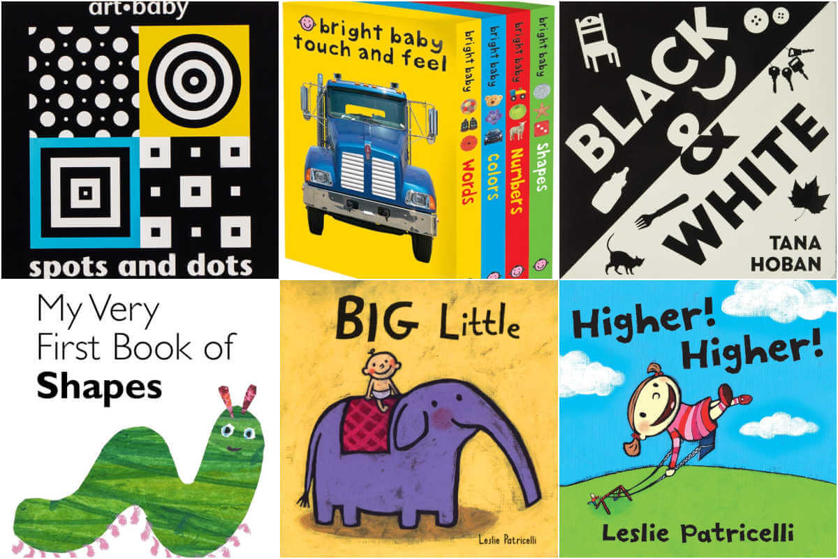 Collage of six board books that teach patterns and shapes