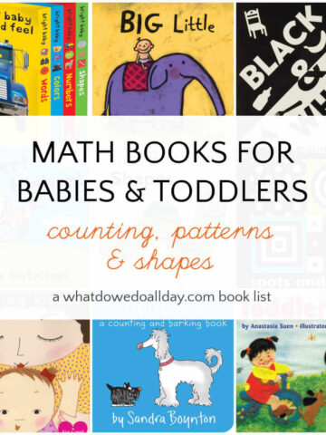Collage of books with text overlay, Math Books for Babies & Toddlers, counting, patterns and shapes.