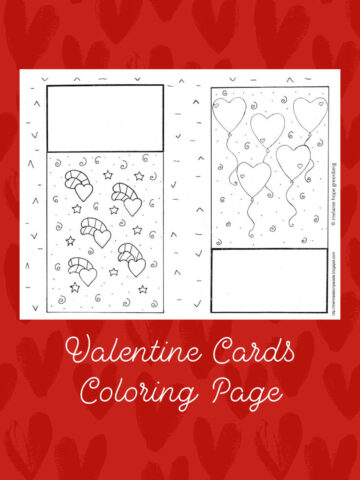 Valentine card coloring page on red background.