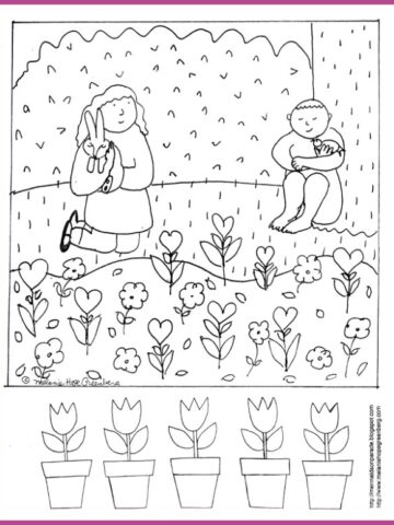 Spring coloring page for kids with garden.