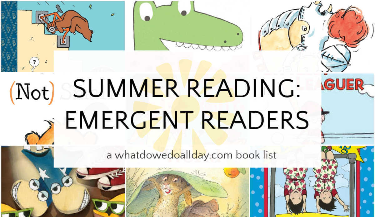 Collage of easy reader book covers with text overlay, Summer Reading: Emergent Readers.