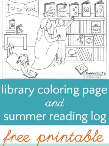 Library coloring page, free printable. Plus a free summer reading log.