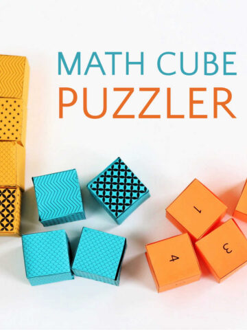 Twelve paper cubes covered in patterns and numbers with text overlay that reads, Math Cube Puzzle.