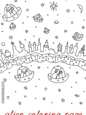 Free space alien coloring page from illustrator Melanie Hope Greenberg.