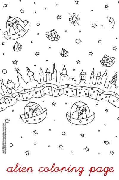 Free space alien coloring page from illustrator Melanie Hope Greenberg.