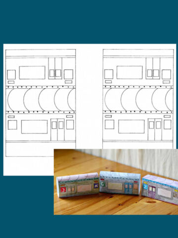 Subway train template coloring page and photo insert of three completed trains resting on a table.