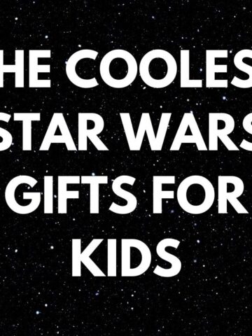 text, "the coolest Star Wars Gifts for Kids" overlaid on black night sky