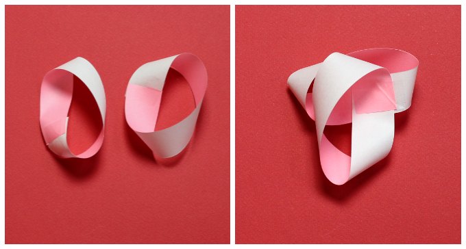 Steps for making Möbius strip hearts.