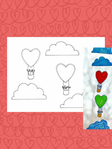 Coloring page with two hot air balloons in the shape of hearts, three clouds and photo insert of completed mobile using cut outs from coloring page.