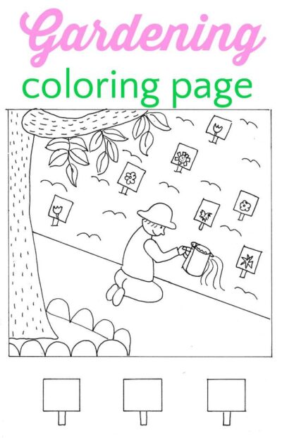 Gardening coloring page for kids by Melanie Hope Greenberg