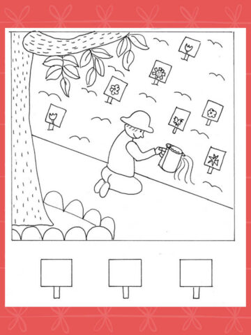 Gardening coloring page with illustration of child watering seedlings in garden.