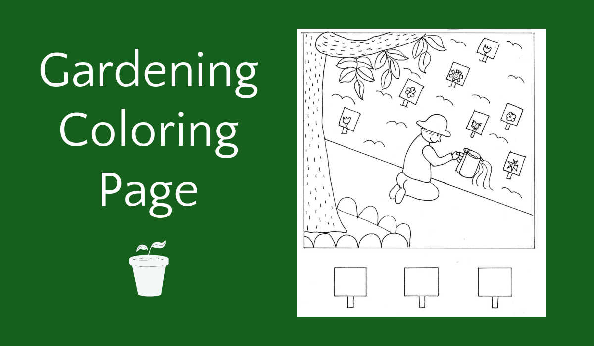 Gardening coloring page with illustration of child digging in dirt full of seedlings.