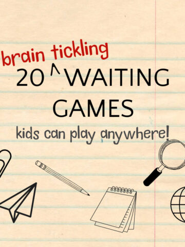 Scattered line drawings of common objects with text that reads 20 brain tickling waiting games kids can play anywhere!