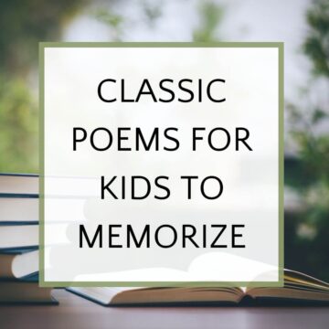 Text "Classic Poems for Kids to Memorize" on books in nature background
