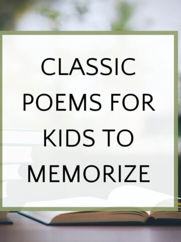 Text "Classic Poems for Kids to Memorize" on books in nature background