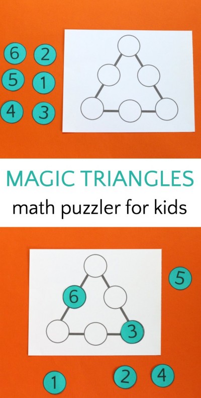 Magic triangle math puzzle for kids. 