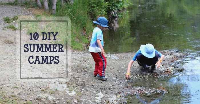 Two children by  a river with the text "DIY summer camps for kids"
