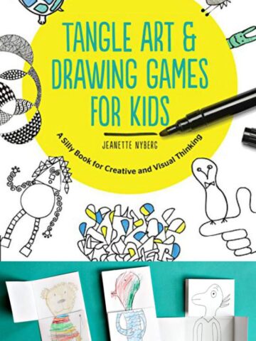 Book cover for Tangle Art & Drawing Games for Kids above three drawing flip figures.